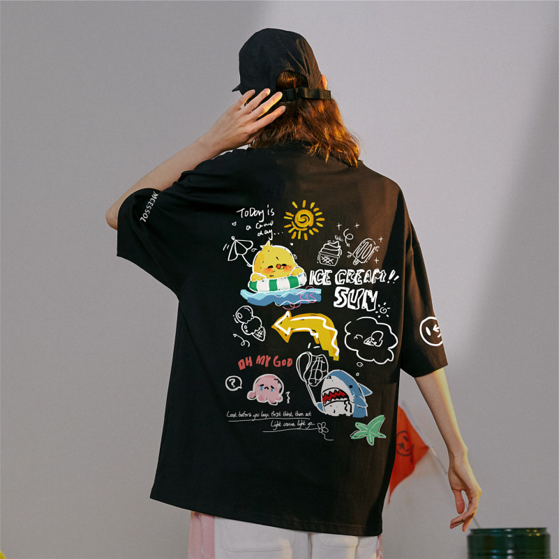 Mcessol涂鸦卡通印花短袖t恤男女同款夏季圆领宽松青少年情侣款 - 实物图