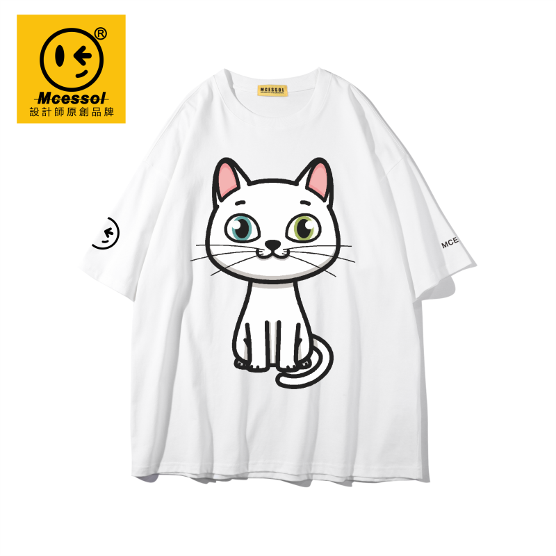 Mcessol设计师原创品牌动漫粉耳小白猫印花短袖t恤男女学生青少年,男装,T恤,淘宝优惠券,粉丝福利购,淘宝优惠卷