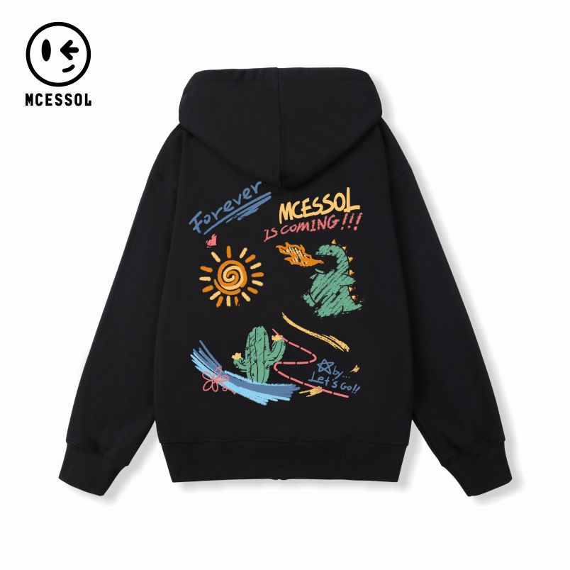 Mcessol设计师原创品牌卡通小恐龙印花拉链卫衣男女无性别连帽衫