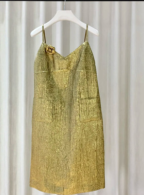 sofia定制25早秋新款复古山茶花金属皱感连衣裙宽松显瘦吊带裙子