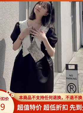 【全新5折】新品小众泡泡袖蕾丝花边时尚深V领蚂蚁腰SST连衣裙