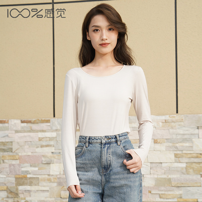100%感觉圆领长袖打底衫女士单件保暖内搭上衣27002