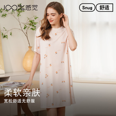 100%感觉夏款柔软舒适宽松印花女套头家居服睡裙19406