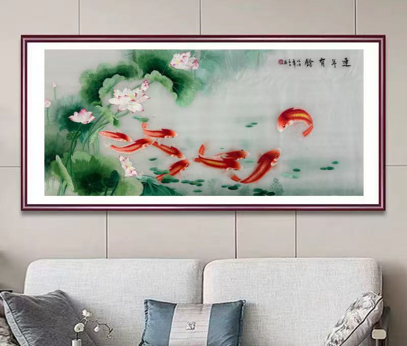 大美苏绣纯手工刺绣精品荷花九鱼图红鲤鱼实木外框70中式家居画
