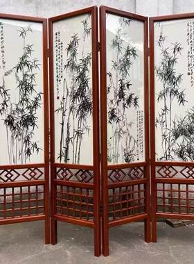 苏绣四折屏双面绣落地屏风简约手工刺绣竹子花梨木框高200×165cm