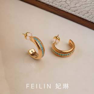 半环蓝松石耳钉耳环2026新款防过敏s925银针女士镀金轻奢小众耳饰