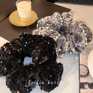 黑色亮片大肠发圈女高级感扎头头绳发绳绑头发女夏季 大号发饰头饰