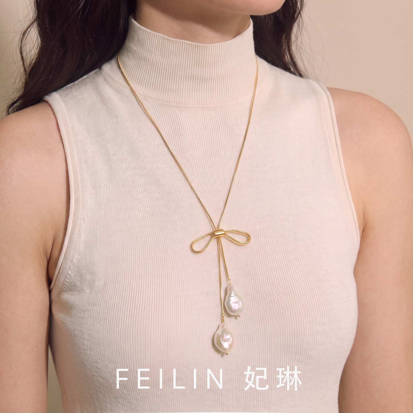韩系ins风蝴蝶结天然巴洛克珍珠长款项链女秋冬毛衣链小众设计感