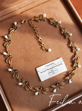 《鎏金蔷薇》中古vintage珍珠锆石花朵项链重工复古手链颈链配饰