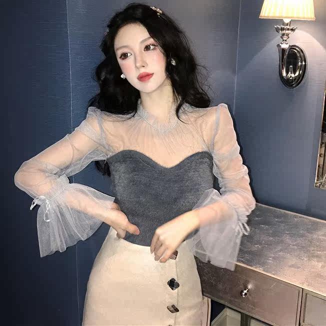 2019春新款网纱女装上衣仿貂绒拼接长袖修身韩版衬衣打底衫衬衫|ruв категории Женская одежда, рубашка - от Buy2taobao.com для оказания профессиональной услуги покупки агента Taobao