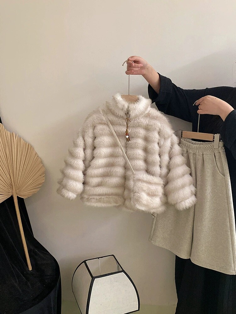 女童加绒加厚外套潮小女孩时尚仿皮草上衣中小童洋气保暖棉衣冬装