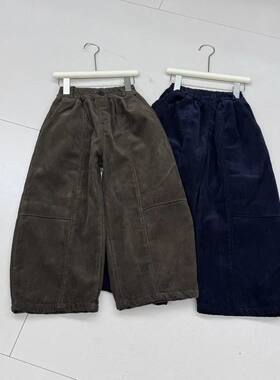 女童一体绒灯芯绒裤子秋冬韩版拼接条绒裤儿童加绒宽松阔腿萝卜裤