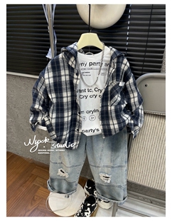 男童黑白格子长袖衬衫外套2024年春秋季新款男中大童休闲百搭上衣