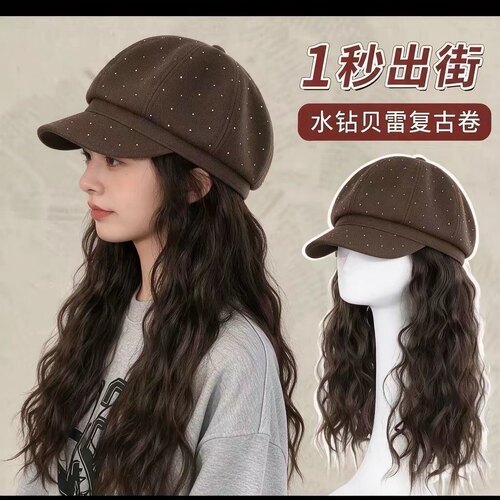 假发帽子一体秋冬新款满钻八角帽水波纹时尚百搭显脸小帽子假发女