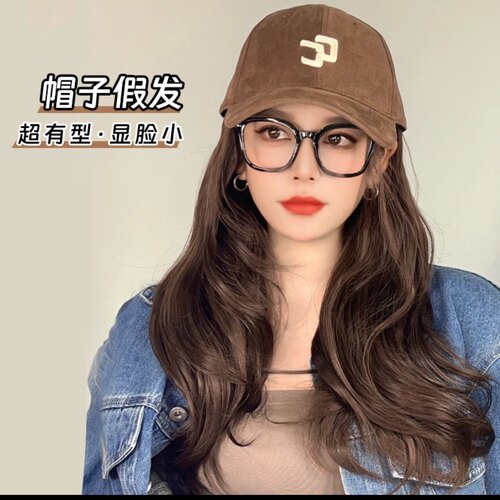 新款帽子假发一体慵懒大波浪CC字母鸭舌帽潮流仿真发大帽檐假发套