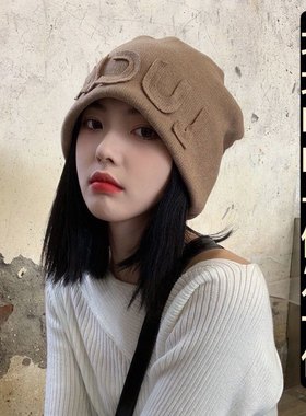 帽子假发一体女齐肩短发秋冬季新款时尚字母针织帽子堆堆帽假发套