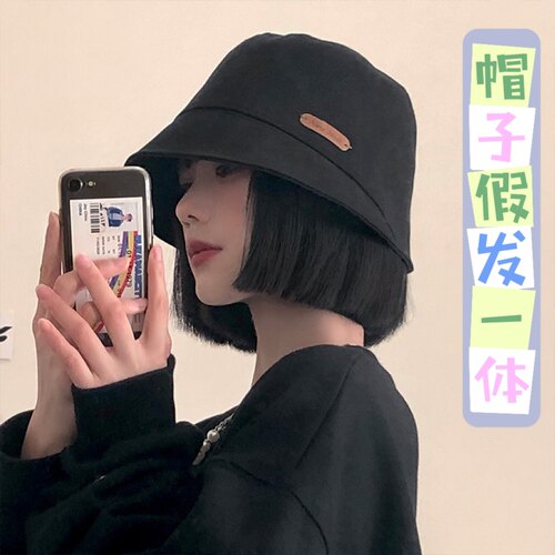 渔夫帽子假发一体女短直发初秋简约时尚大头围显脸小遮阳帽假发套