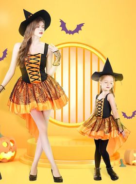 万圣节服装Cosplay演出服亲子装橙色女巫扮演燕尾南瓜蓬蓬吊带裙