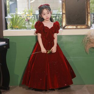 女童红色儿童礼服婚纱公主裙主持人小花童婚礼钢琴长袖演出服春夏