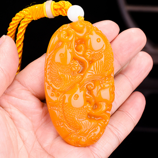 天然和田玉黄玉籽料荷花鱼手把件连年有余玉石把玩件黄龙玉挂件