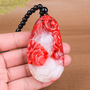 天然新疆和田玉鸡血玉玉龙手把件手玩件原石雕刻生肖龙玉挂件把件