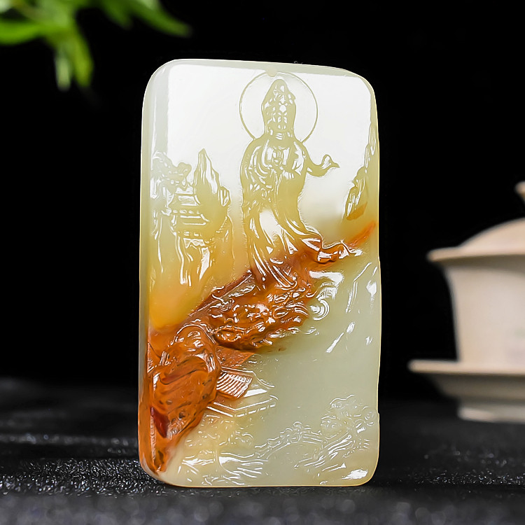 天然和田玉青白玉籽料观音玉牌子吊坠新疆玉器观音菩萨项链挂件