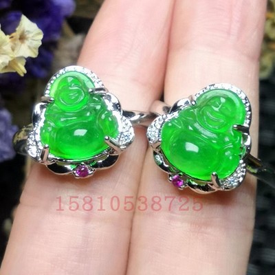 天然缅甸翡翠冰绿佛公镶嵌戒指