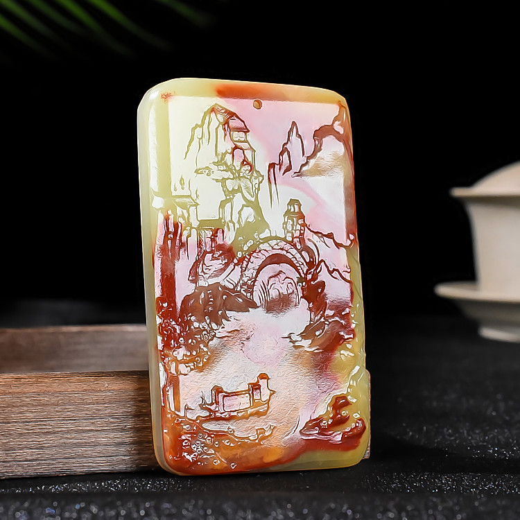 天然新疆和田玉籽料山水牌吊坠精雕大好河山平安无事牌项链挂件