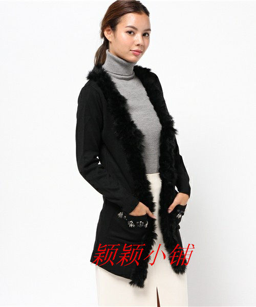 QUEENS COURT新款女装高端毛线兔毛领手工口袋穿钻女披肩毛衣titi