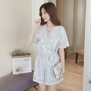 2017新款夏装休闲印花蝴蝶结系带<span class=H>开衫</span>套装女时尚高腰短裤两件套@