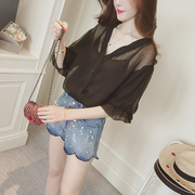 夏季新款性感v领喇叭袖雪纺衬衫女短袖宽松<span class=H>开衫</span>打底吊带衫两件套