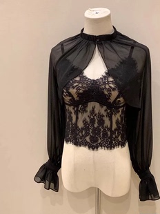 现货 性感薄纱灯笼袖 披肩罩衫 蕾丝背心吊带两件套 钓系柔媚
