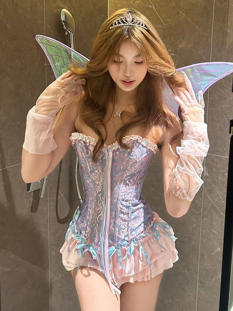 紫色精灵-三件套！鱼骨绑带束腰胸衣抹胸背心+短裙蓬裙+蝴蝶翅膀
