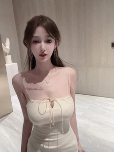 美少女纯欲细肩带复古吊带连衣裙性感抽绳木耳边包臀短裙纯棉夏