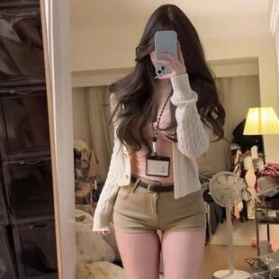 高腰短裤 韩系气质针织短款 蕾丝带胸垫吊带背心 开衫 三件套春 修身
