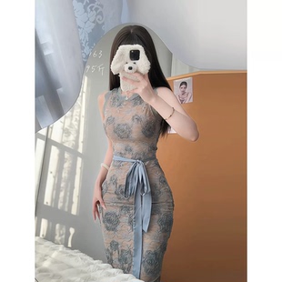 气质大姐姐～纯欲辣妹蕾丝盘花微透无袖连衣裙女收腰包臀裙长裙子