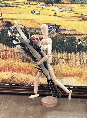 ins风木偶干花摆件 创意木质关节人抱花装饰 家居桌面花艺礼物