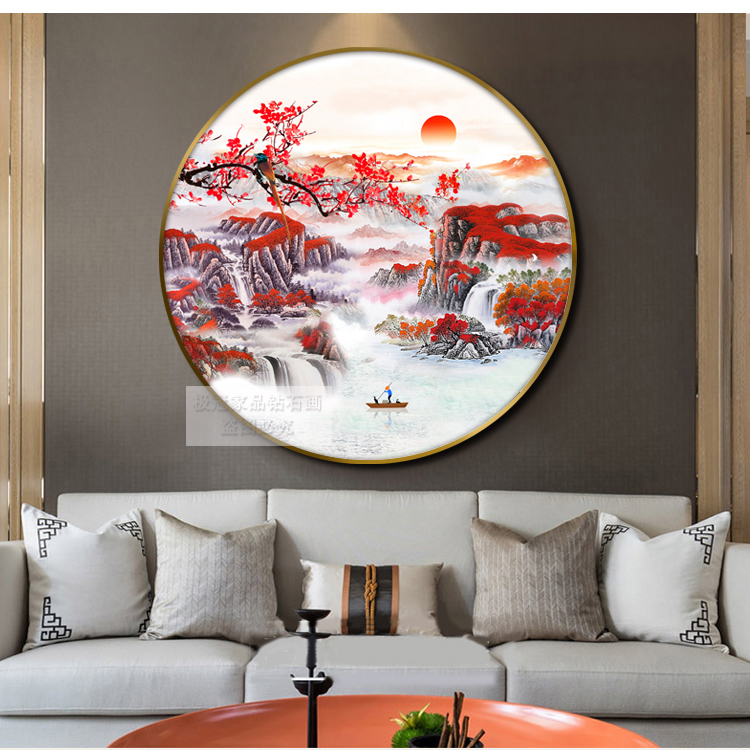 5d钻石画满钻鸿运当头客厅圆形梅花十字绣中式现代风景画砖石画