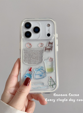 BananaCase小众DIY创意雪人英文贴纸适用17promax苹果16pro手机壳iPhone15白色边14promax透明壳13保护套软壳