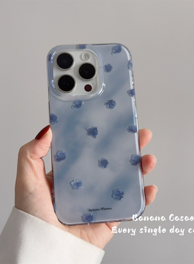 BananaCase小众ins复古蓝灰晕染蓝色玫瑰花适用iPhone16promax手机壳17pro苹果16亚克力13/14pro防摔保护套女