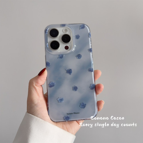 复古蓝灰晕染玫瑰花iPhone手机壳