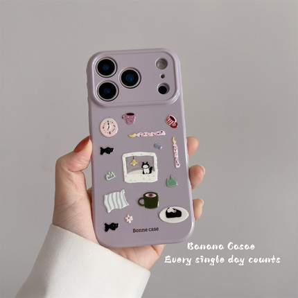 BananaCase韩国ins芋泥紫DIY可卡通贴纸适用16promax苹果17pro手机壳iPhone15爱心边框14pro新款13防摔保护套