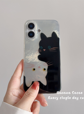 BananaCase小众ins冷淡风黑白猫咪锡纸纹适用17promax苹果16pro手机壳iPhone17卡通15promax防摔13/14pro硬壳