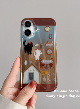 BananaCase秋冬ins复古屋子黑白猫咪插画适用17pro苹果16promax手机壳iPhone17亚克力15promax防摔13/14pro硬