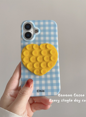 BananaCase韩国CHIC简约蓝色格纹适用iPhone16promax苹果15pro手机壳14pro黄色爱心吸盘13防摔保护套16软壳15