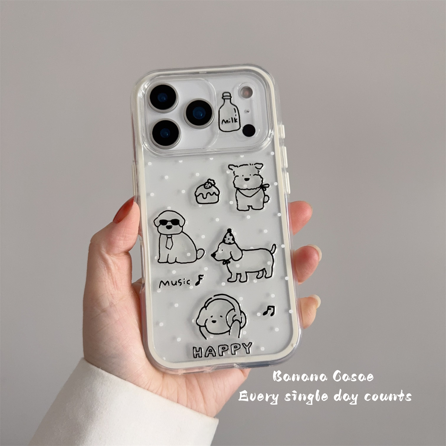 白色波点DIY线条小狗贴纸手机壳