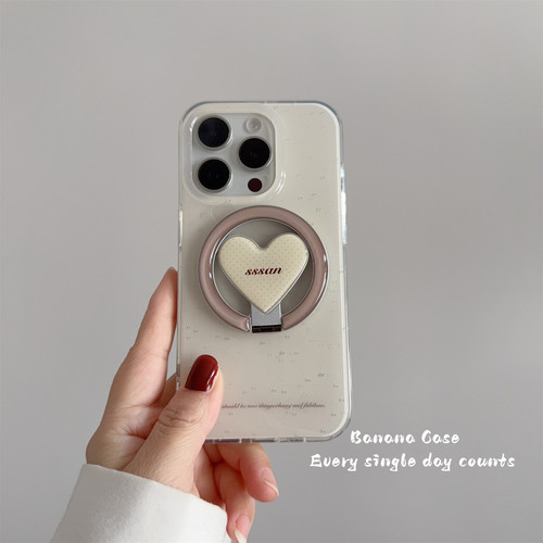 小众ins奶杏色泼墨爱心支架硬壳