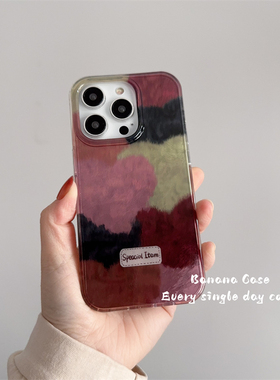 韩国ins高级感爱心拼色晕染锡纸手机壳适用iPhone15苹果16promax硬壳14pro新款13全包12promax防摔保护套16女