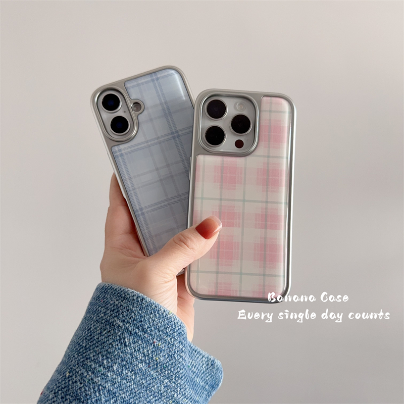 韩国ins小清新蓝粉色格纹适用iPhone16promax苹果15pro手机壳14pro新款13promax电镀银边16pro情侣保护套16硬
