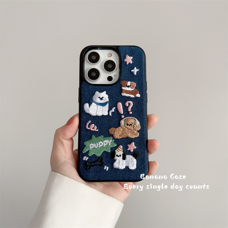 韩国ins小众少女可爱牛仔刺绣狗狗适用iPhone16pro苹果15promax手机壳13全包边14pro新款防摔17pro保护套12硬